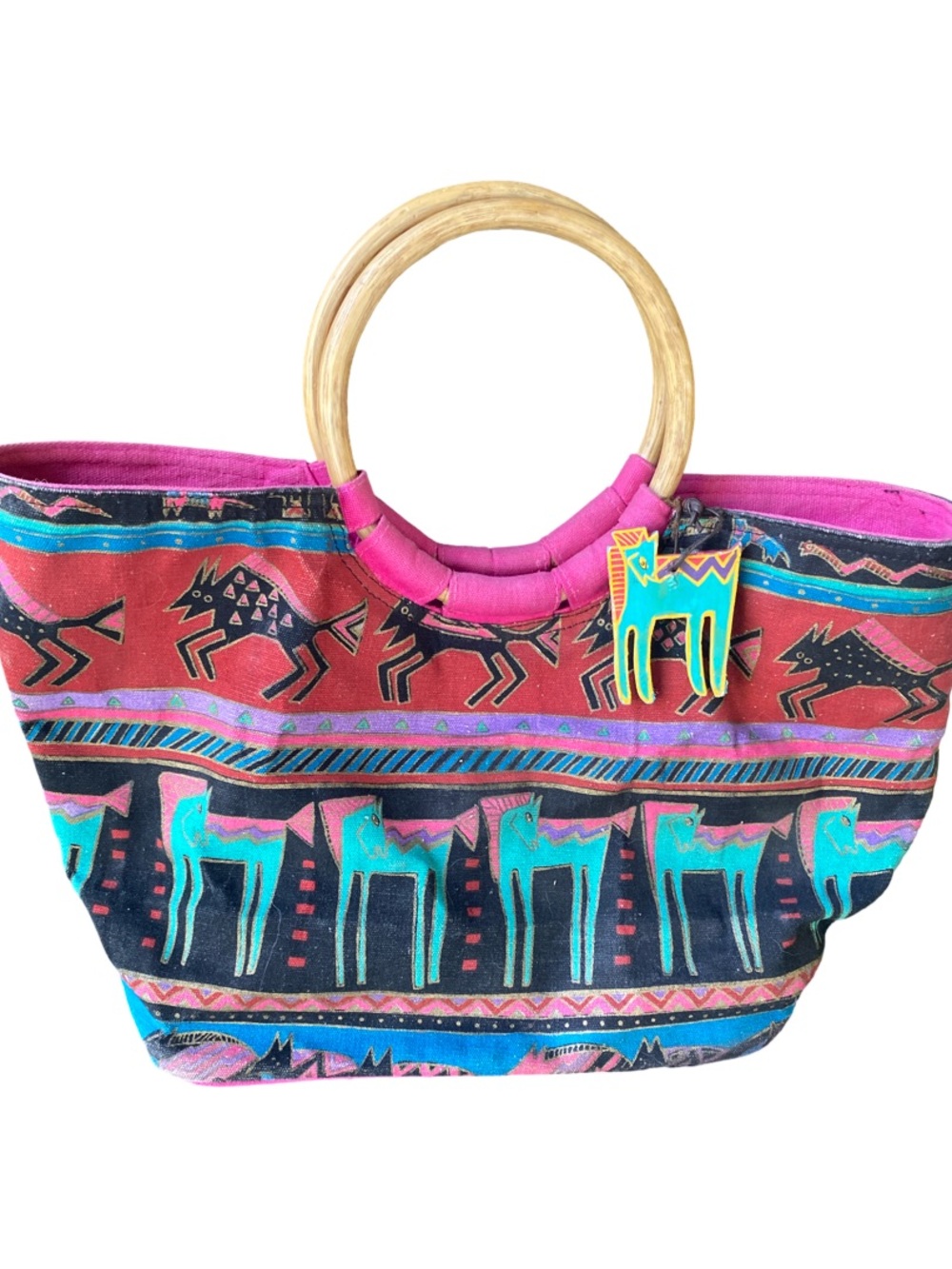 Colorful Pink Tribal Canvas Tote with Wooden Ring Handles